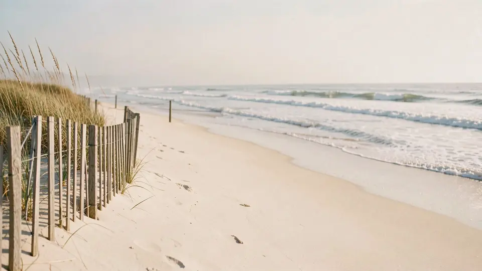 A wide pale-sand Atlantic beach on a bright mid-morning, a zigzag of weathered snow fence and tall beach grass on the dune at left, long rolling waves in rows, hazy warm summer light.