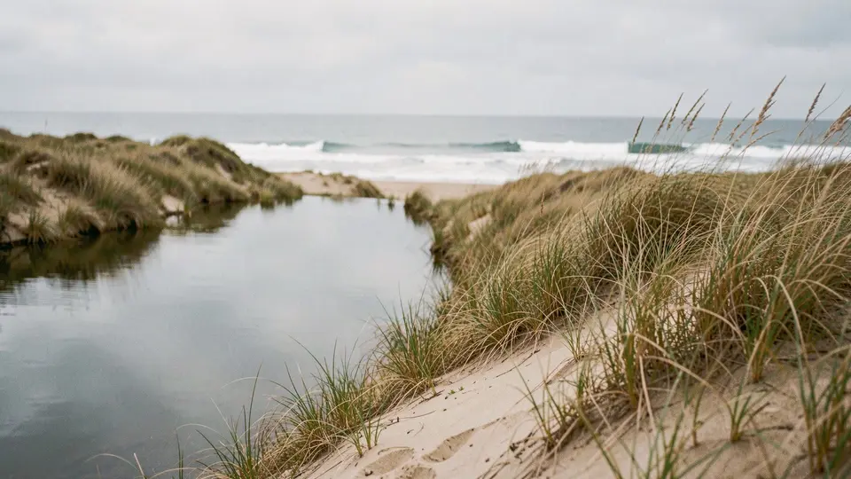 A narrow strip of dune where a still coastal pond reflects the sky on one side and the Atlantic surf breaks beyond the dune on the other, tall beach grass, overcast soft pearl light.