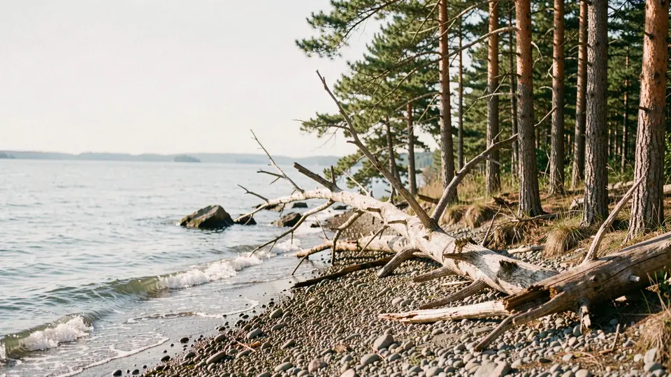 Pine and oak woods meeting a stony bay beach, calm water on a bright morning, a fallen driftwood tree, quiet woodland shore.