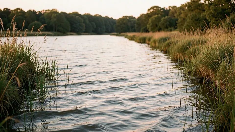 Calm inlet water with reeds along the shore, golden evening light, a still channel stretching to a wooded far bank.