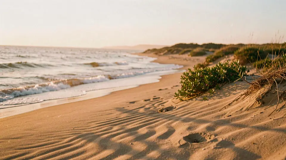 A compact ocean beach at golden hour, long shadows across sand ripples, low dune with beach plum bushes, gentle surf glowing amber.