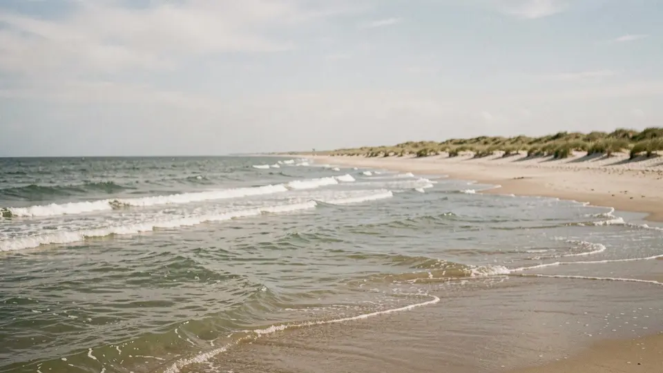 Warm midday on a wide ocean beach, scattered white clouds, soft turquoise surf with foamy rows, low dune grass in the foreground.