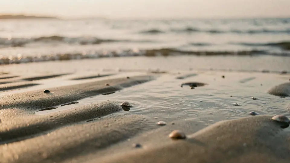 A quiet bay tidal flat with ripples in the sand, a thin sheet of water catching the evening light, tiny shells.