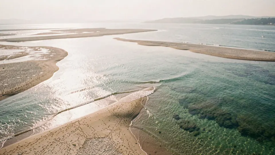 Aerial photograph of a sandy point reaching into a shining bay, sandbars and clear green shallows, hazy far shore, tender morning light.