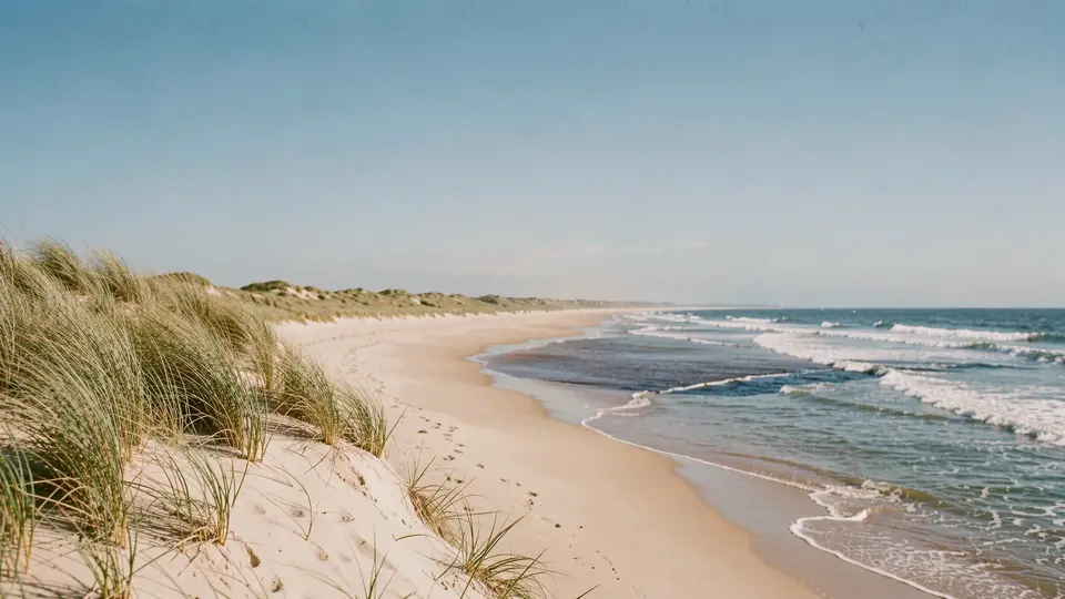 A broad beach beneath rolling dunes, wind-bent grass, a high clear sky, breaking surf with a sandbar and a rip channel of darker water.