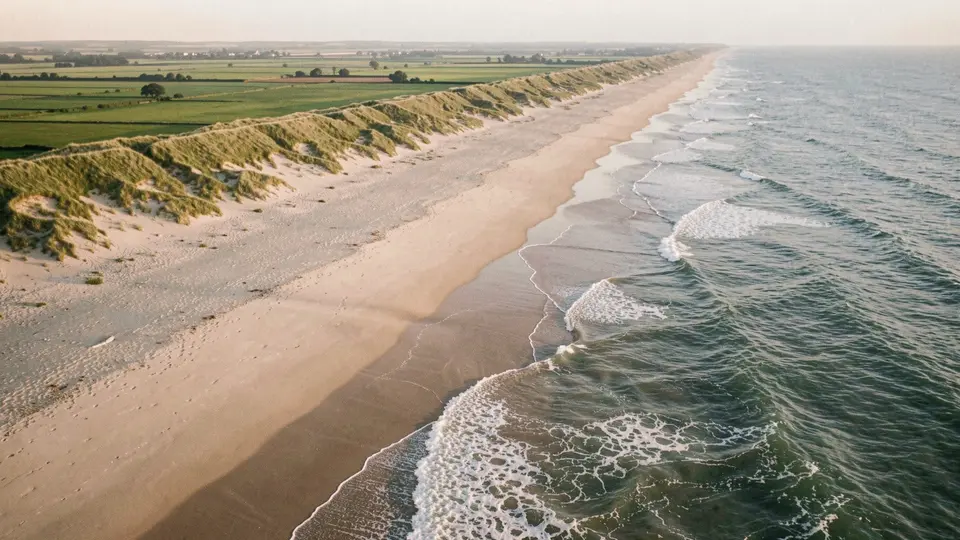 Aerial photograph looking down a long empty ocean beach backed by a grassy dune and green farm fields behind, soft afternoon light, gentle surf.
