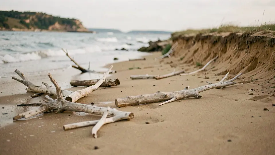 A bay shore with a low earthen bluff, bleached driftwood scattered on the sand, a peaceful walk-along-the-water mood, soft afternoon light.