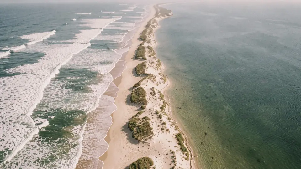 Wide-angle view of a huge flat beach at low tide, the wet sand mirroring a cloud-streaked sky, tiny waves in the distance.