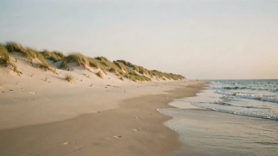 A rain-washed beach after a summer shower, a faint rainbow over the sea, wet dune grass glistening in the foreground, clearing sky.